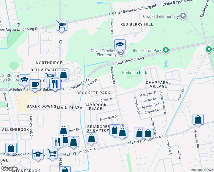 map of restaurants, bars, coffee shops, grocery stores, and more near 913 Almond Street in Baytown