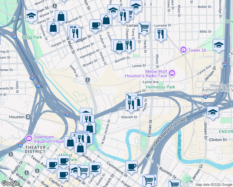 map of restaurants, bars, coffee shops, grocery stores, and more near 1301 Conti Street in Houston