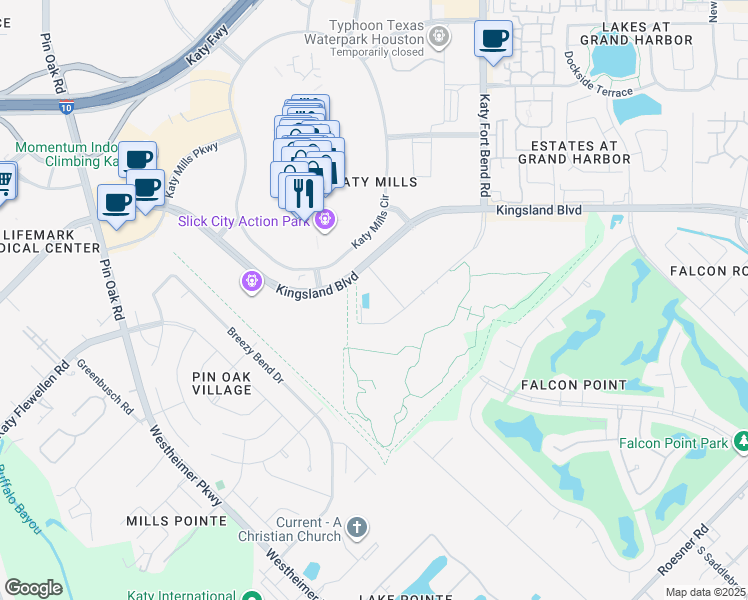 map of restaurants, bars, coffee shops, grocery stores, and more near 122 Lakeview Way in Katy