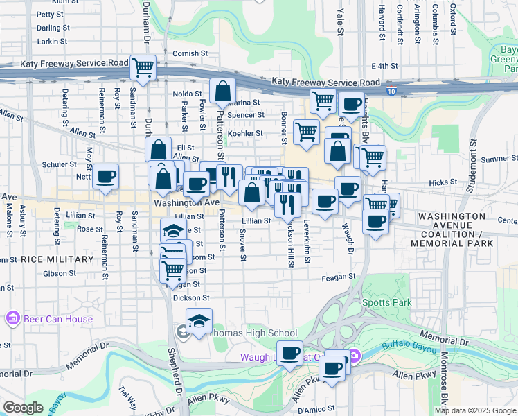 map of restaurants, bars, coffee shops, grocery stores, and more near 2520 Washington Avenue in Houston