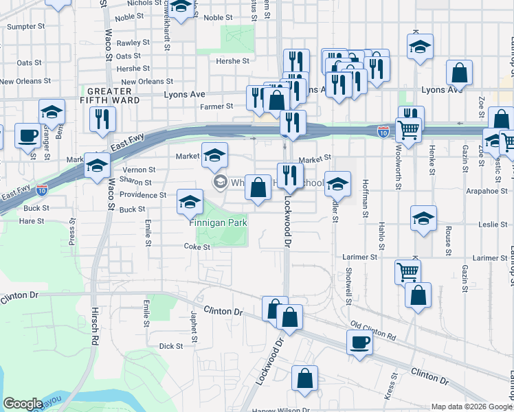 map of restaurants, bars, coffee shops, grocery stores, and more near 5319 Margarita Street in Houston