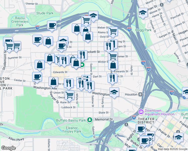 map of restaurants, bars, coffee shops, grocery stores, and more near 1309 Sabine Street in Houston