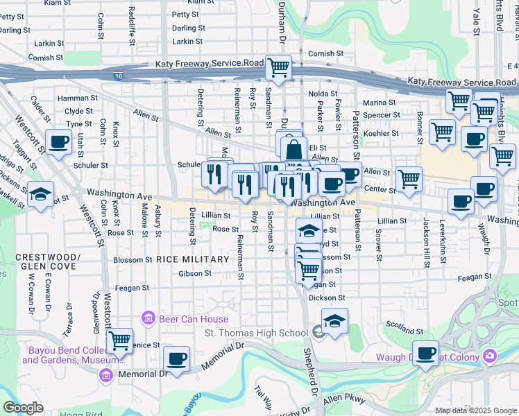map of restaurants, bars, coffee shops, grocery stores, and more near 5021 Washington Avenue in Houston