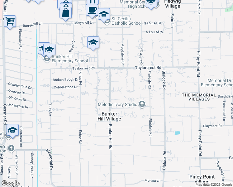 map of restaurants, bars, coffee shops, grocery stores, and more near 11719 Cobblestone Dr in Houston