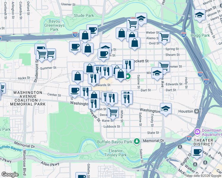map of restaurants, bars, coffee shops, grocery stores, and more near 2121 Edwards Street in Houston