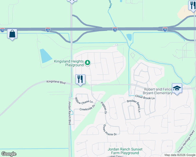 map of restaurants, bars, coffee shops, grocery stores, and more near Kingsland Boulevard in Brookshire