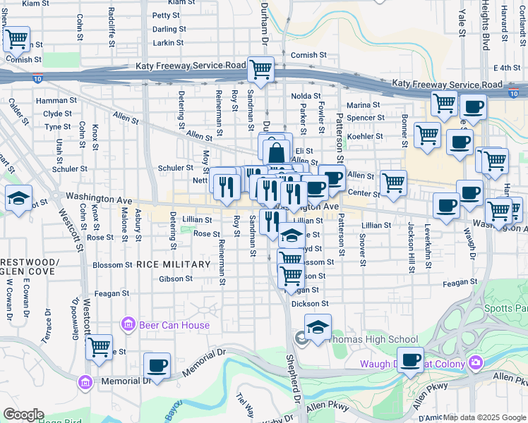 map of restaurants, bars, coffee shops, grocery stores, and more near in Houston