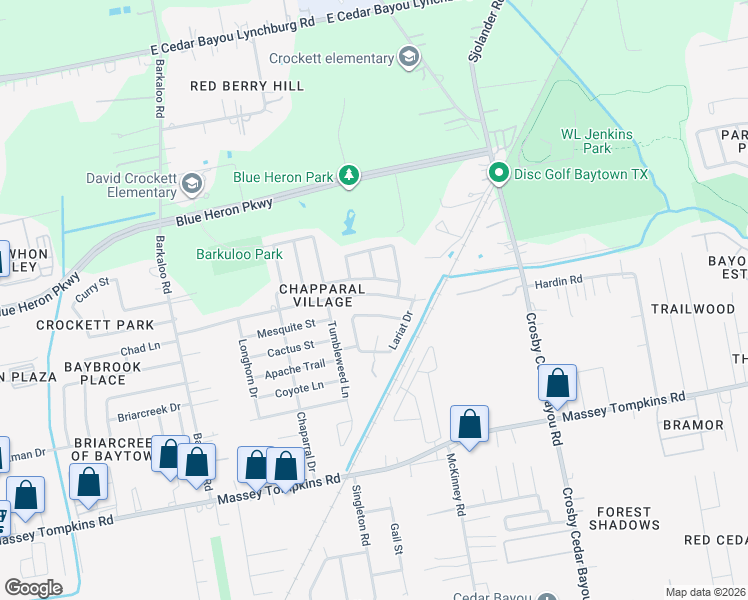 map of restaurants, bars, coffee shops, grocery stores, and more near 1605 East Baker Road in Baytown