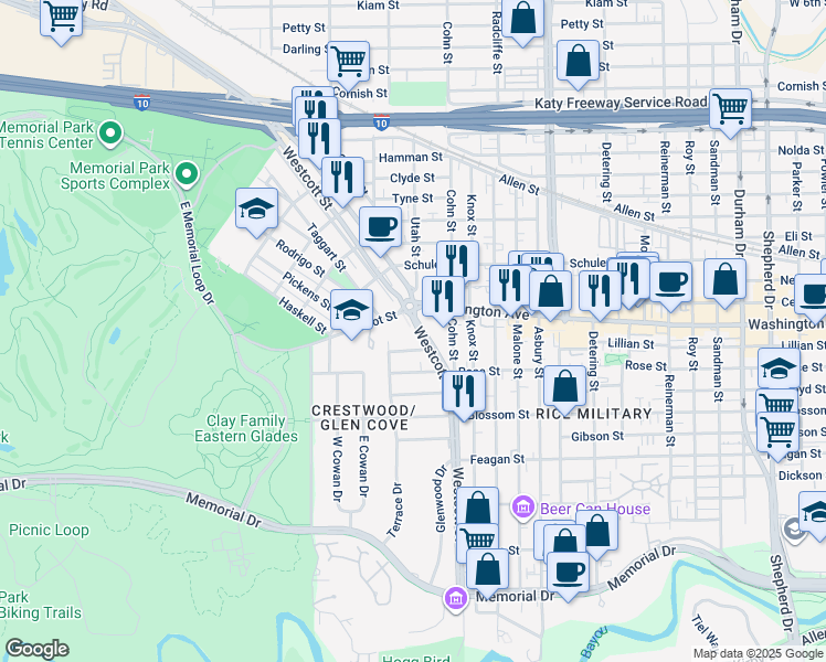 map of restaurants, bars, coffee shops, grocery stores, and more near 920 Westcott Street in Houston