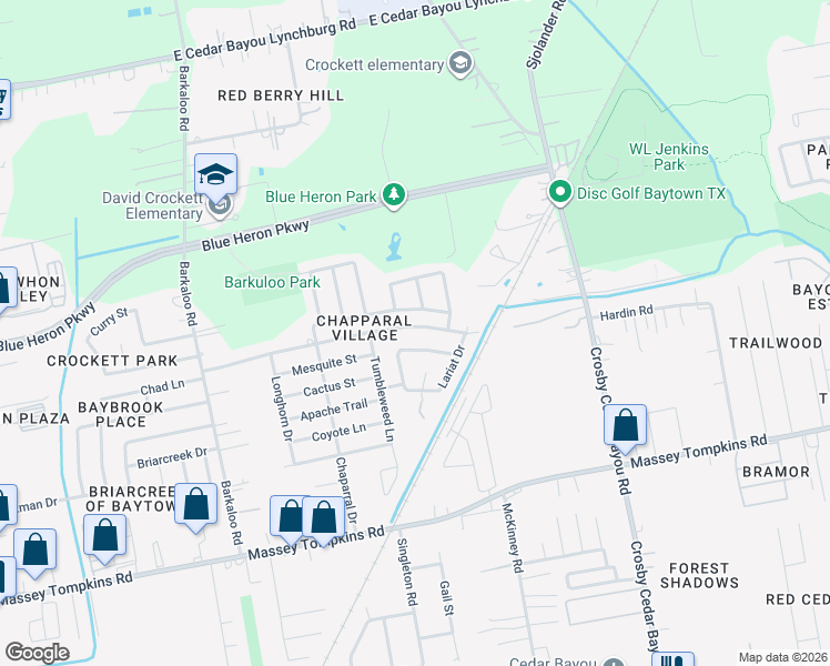 map of restaurants, bars, coffee shops, grocery stores, and more near 1605 East Baker Road in Baytown