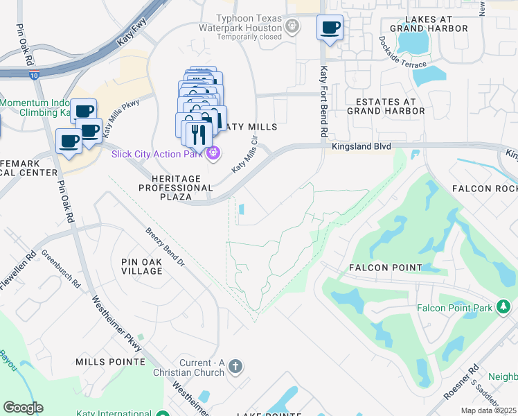 map of restaurants, bars, coffee shops, grocery stores, and more near 122 Lakeview Way in Katy
