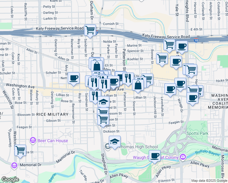 map of restaurants, bars, coffee shops, grocery stores, and more near 4601 Washington Avenue in Houston