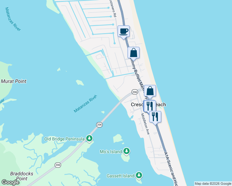 map of restaurants, bars, coffee shops, grocery stores, and more near 301 Crescenta Drive in St. Augustine