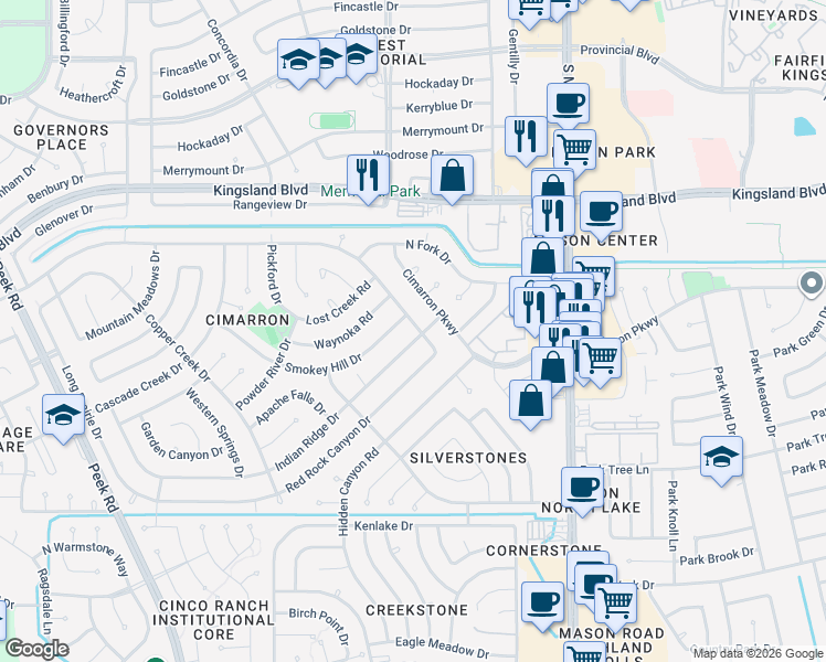 map of restaurants, bars, coffee shops, grocery stores, and more near 22310 Smokey Hill Drive in Katy