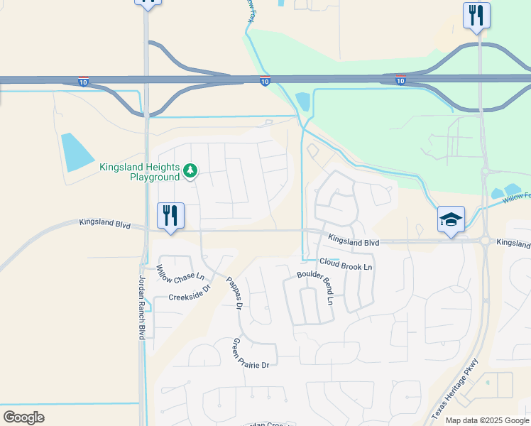 map of restaurants, bars, coffee shops, grocery stores, and more near Kingsland Boulevard in Brookshire