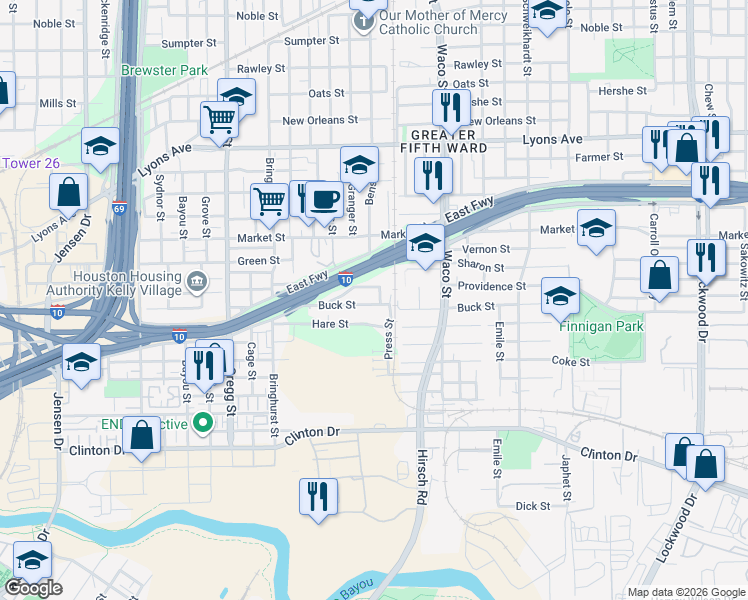 map of restaurants, bars, coffee shops, grocery stores, and more near 4109 Buck Street in Houston