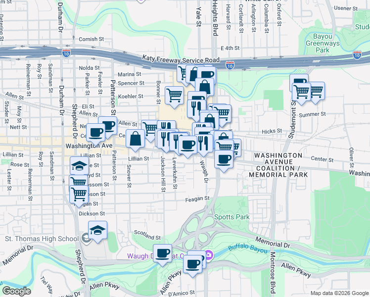 map of restaurants, bars, coffee shops, grocery stores, and more near 3990 Washington Avenue in Houston