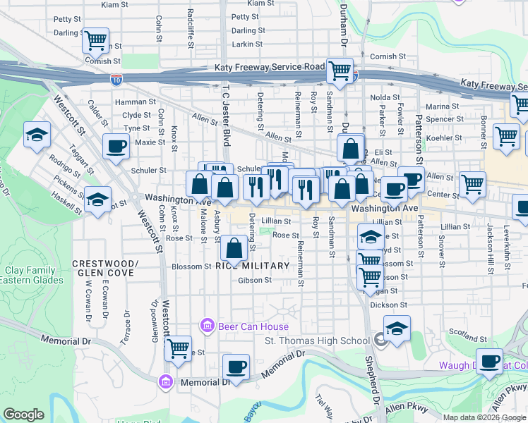 map of restaurants, bars, coffee shops, grocery stores, and more near 5317 Washington Avenue in Houston