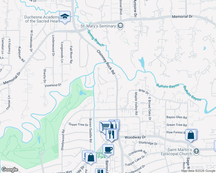 map of restaurants, bars, coffee shops, grocery stores, and more near 410 Tecumseh Lane in Houston