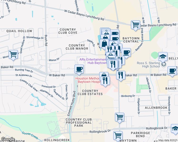 map of restaurants, bars, coffee shops, grocery stores, and more near 2000 West Baker Road in Baytown