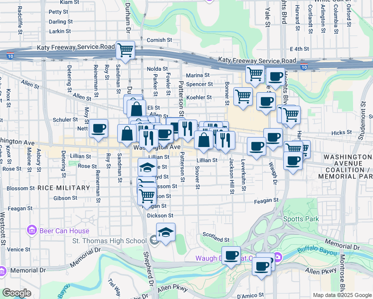 map of restaurants, bars, coffee shops, grocery stores, and more near 1010 Patterson Street in Houston