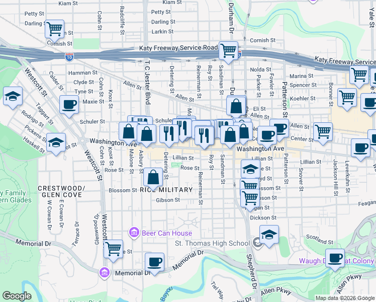 map of restaurants, bars, coffee shops, grocery stores, and more near 5317 Washington Avenue in Houston