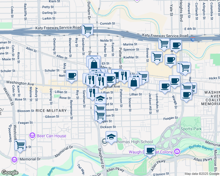 map of restaurants, bars, coffee shops, grocery stores, and more near 4601 Washington Avenue in Houston