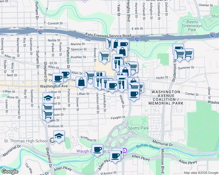 map of restaurants, bars, coffee shops, grocery stores, and more near 3990 Washington Avenue in Houston