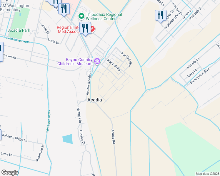 map of restaurants, bars, coffee shops, grocery stores, and more near 336 Rue Colette in Thibodaux
