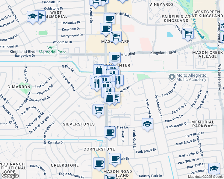 map of restaurants, bars, coffee shops, grocery stores, and more near 847 Mason Road in Katy