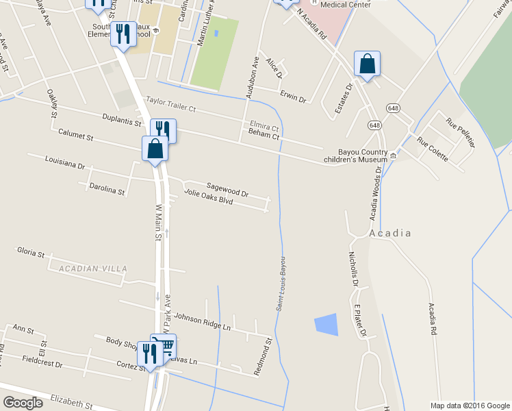map of restaurants, bars, coffee shops, grocery stores, and more near 283 Jolie Oaks Boulevard in Thibodaux
