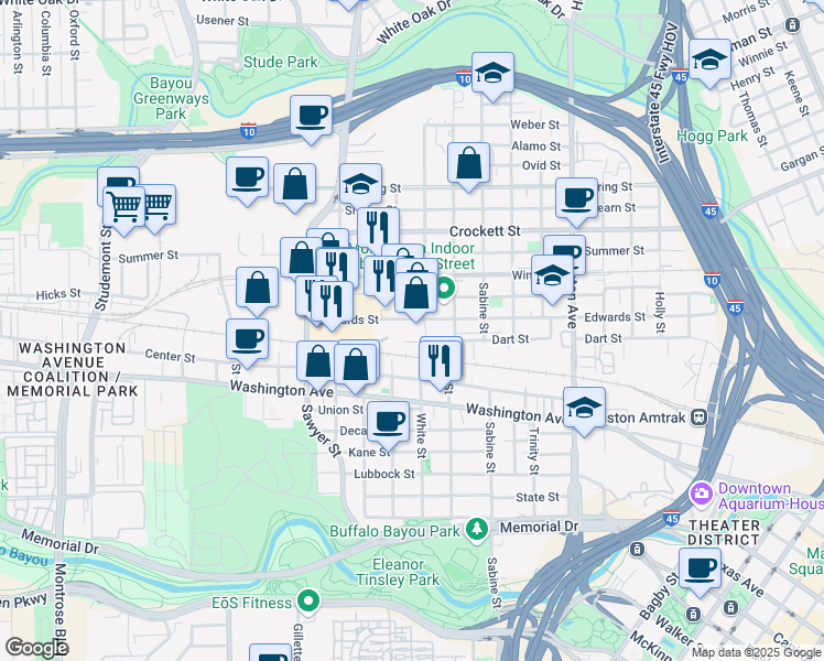 map of restaurants, bars, coffee shops, grocery stores, and more near 2003 Edwards Street in Houston