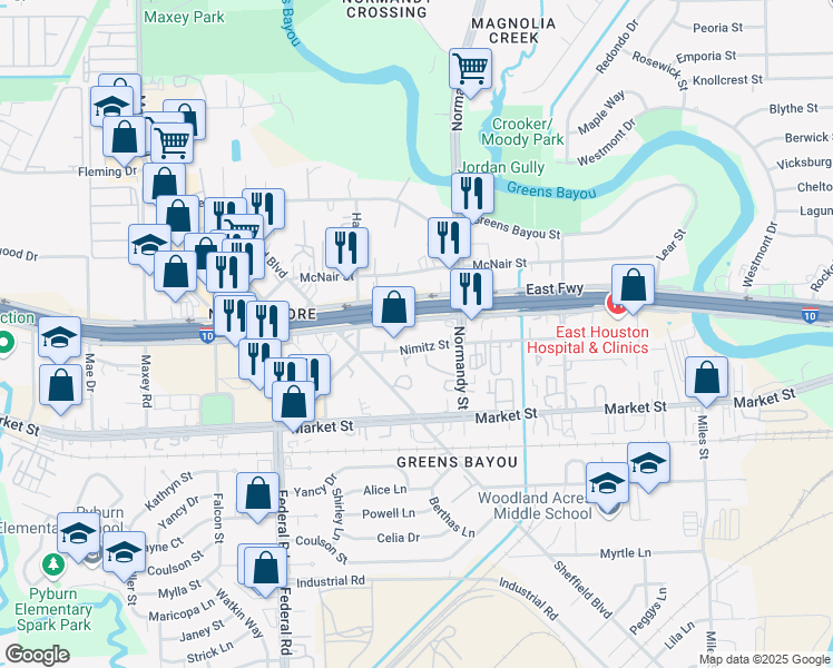 map of restaurants, bars, coffee shops, grocery stores, and more near 13740 East Freeway Service Road in Houston