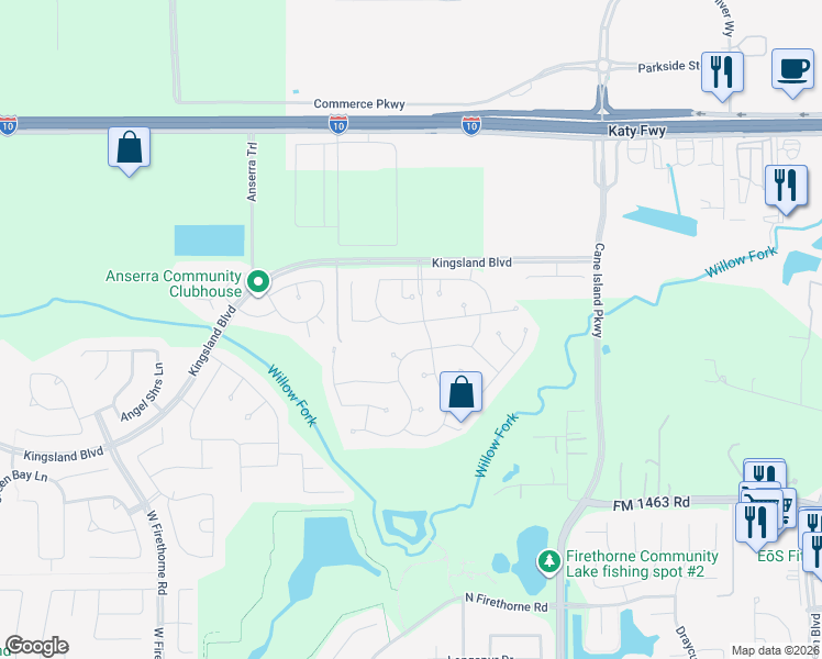 map of restaurants, bars, coffee shops, grocery stores, and more near 28111 Round Moon Lane in Katy