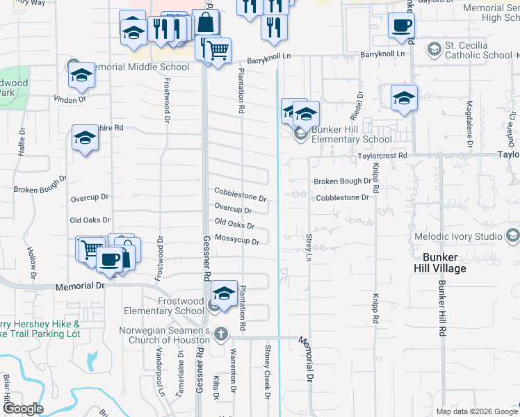 map of restaurants, bars, coffee shops, grocery stores, and more near 12126 Overcup Drive in Houston