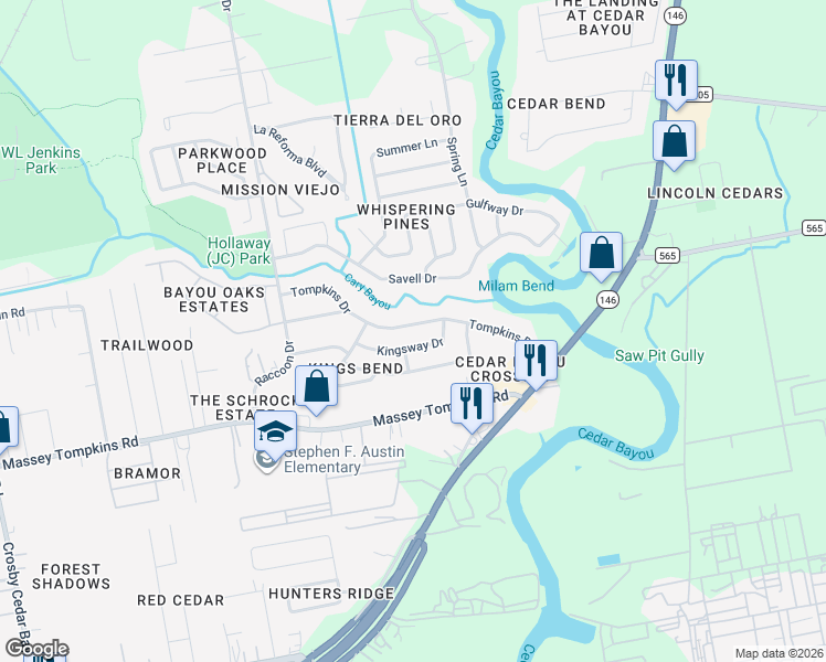 map of restaurants, bars, coffee shops, grocery stores, and more near 3707 Tompkins Drive in Baytown