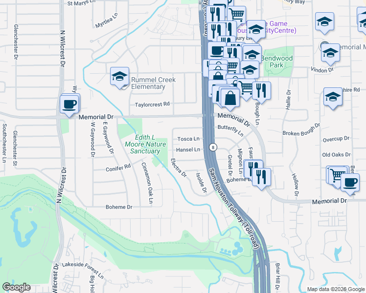 map of restaurants, bars, coffee shops, grocery stores, and more near 12930 Hansel Lane in Houston