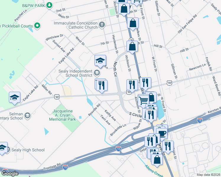 map of restaurants, bars, coffee shops, grocery stores, and more near 1241 North Circle in Sealy