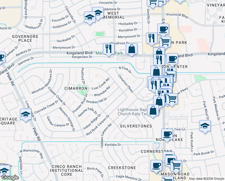 map of restaurants, bars, coffee shops, grocery stores, and more near 22318 Smokey Hill Drive in Katy