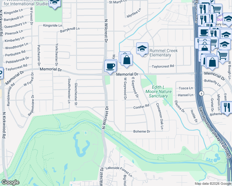 map of restaurants, bars, coffee shops, grocery stores, and more near 414 Wycliffe Drive in Houston