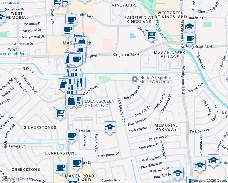 map of restaurants, bars, coffee shops, grocery stores, and more near 726 Park Meadow Drive in Katy