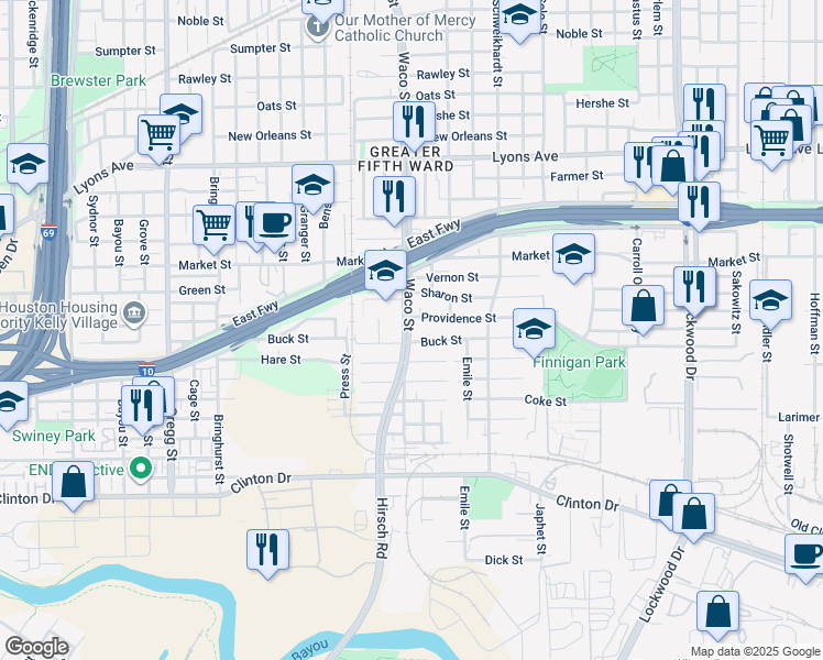 map of restaurants, bars, coffee shops, grocery stores, and more near 910 Waco Street in Houston