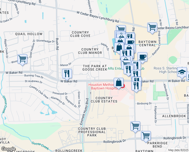 map of restaurants, bars, coffee shops, grocery stores, and more near 2100 West Baker Road in Baytown