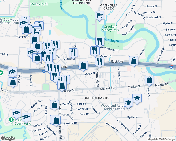 map of restaurants, bars, coffee shops, grocery stores, and more near 12740 East Freeway in Houston