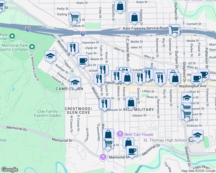 map of restaurants, bars, coffee shops, grocery stores, and more near 926 Knox Street in Houston