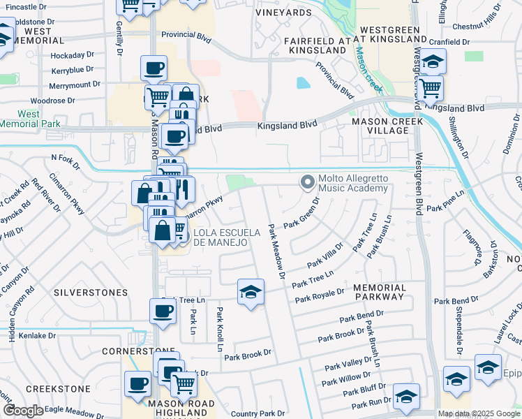 map of restaurants, bars, coffee shops, grocery stores, and more near 726 Park Meadow Drive in Katy