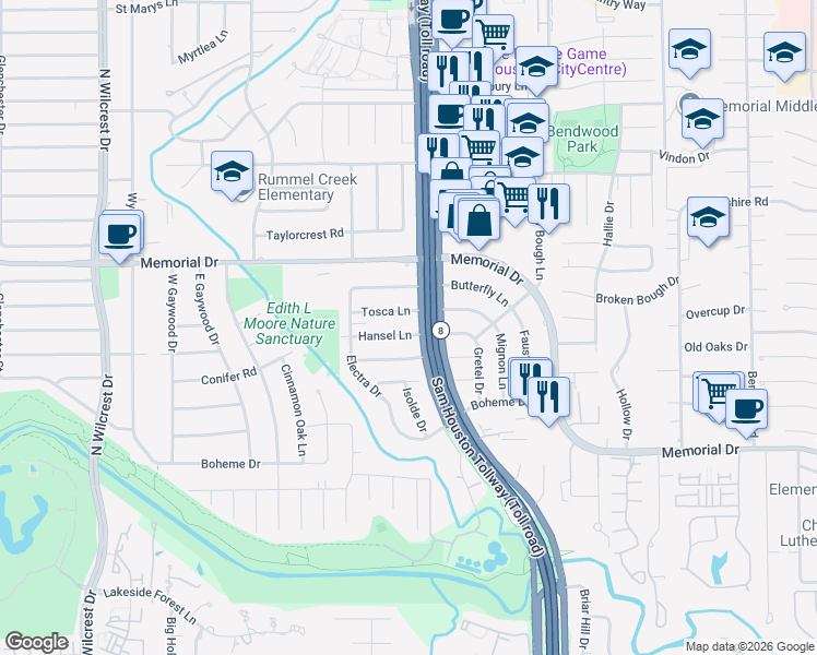 map of restaurants, bars, coffee shops, grocery stores, and more near 12906 Hansel Lane in Houston