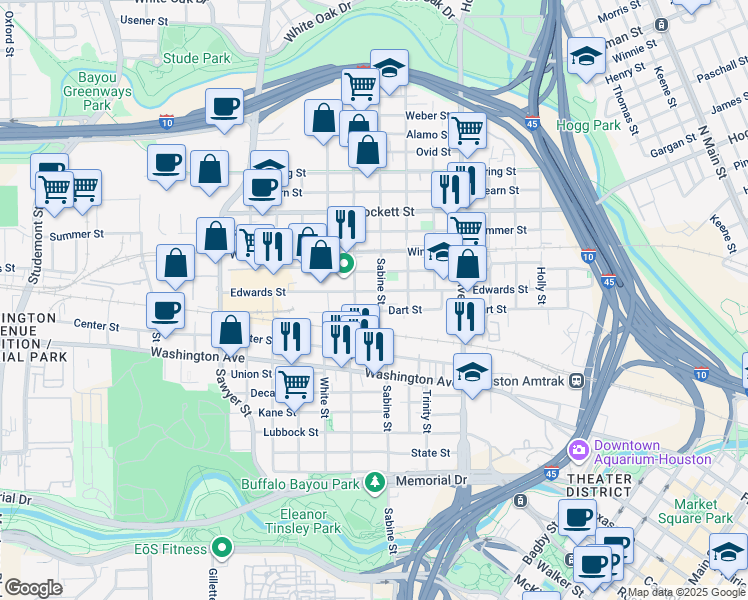 map of restaurants, bars, coffee shops, grocery stores, and more near 1309 Sabine Street in Houston