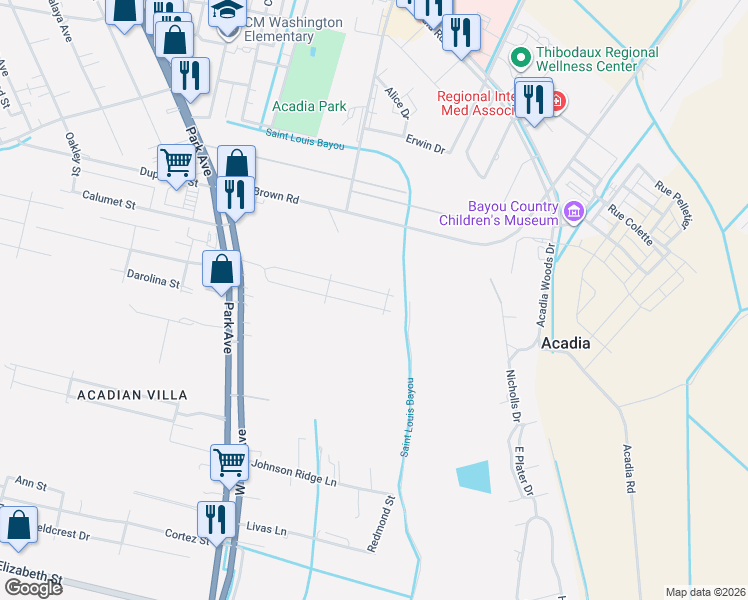 map of restaurants, bars, coffee shops, grocery stores, and more near 283 Jolie Oaks Boulevard in Thibodaux