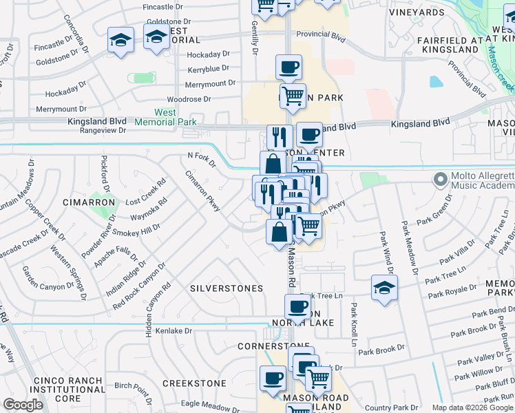 map of restaurants, bars, coffee shops, grocery stores, and more near 22022 Cimarron Parkway in Katy